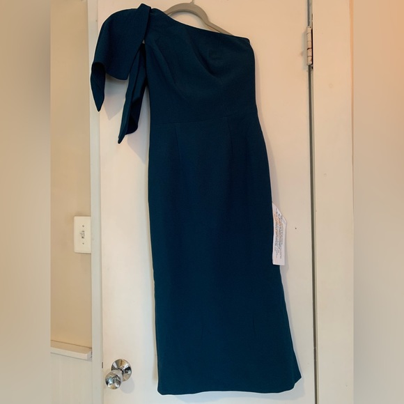 DRESS THE POPULATION Tiffany One-Shoulder Midi Dress in Peacock Blue X-Small - Picture 4 of 6